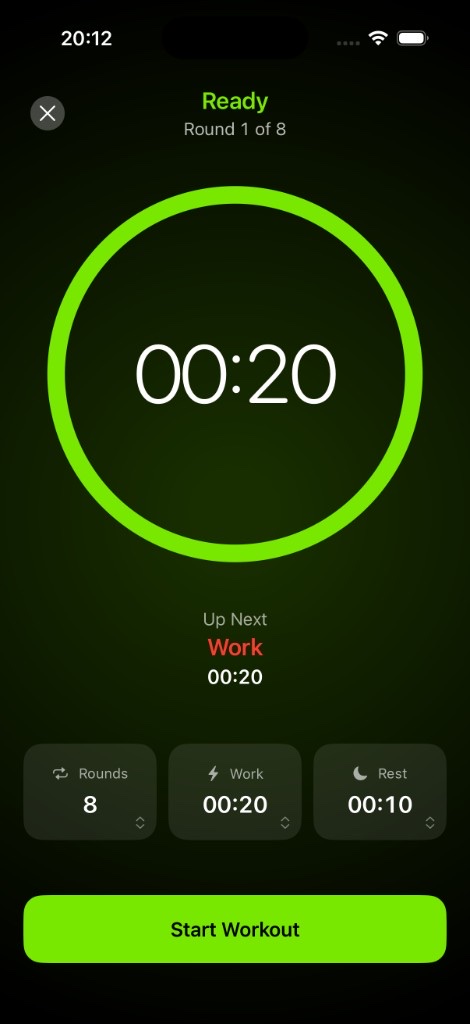 Tabata timer ready at 00:20, round 1 of 8, with Rounds, Work and Rest controls