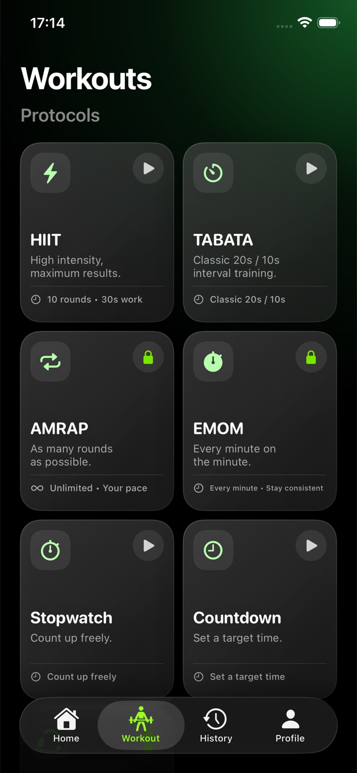 Workouts screen listing HIIT, Tabata, AMRAP, EMOM, Stopwatch and Countdown